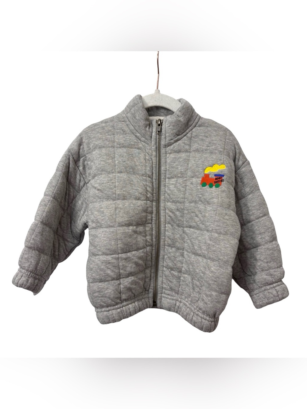 Bobo Choses light grey quilted zipped sweatshirt embroidered Choo Choo train 12M